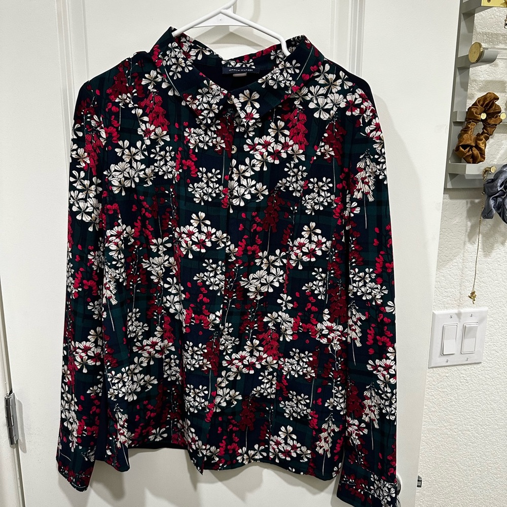 Tommy Hilfiger Green Plaid Floral Chiffon Button Down Blouse with Collar size XL